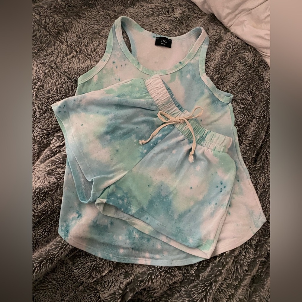 Vici 2pc tank/shorts lounge set blue green watercolor women’s S poly rayon blend
